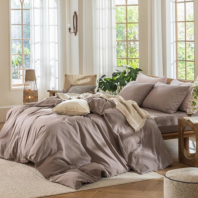 MooMee Duvet Cover Set 100% Washed Cotton Linen Like Oversized Queen | Relaxed Linen-like Texture. Soft, Breathable & Long-lasting Comfort. Lightweight. Hidden Zipper with 8 Interior Corner Ties