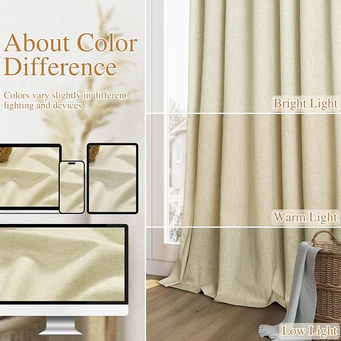 Extra Long 100% Blackout Linen Curtains for Bedroom 108 inches Long, Thermal Insulated Room Darkening Black Out Drapes for Living Room, Back Tab Rod Pocket 2 Panels Set,Cream Yellow,52x108