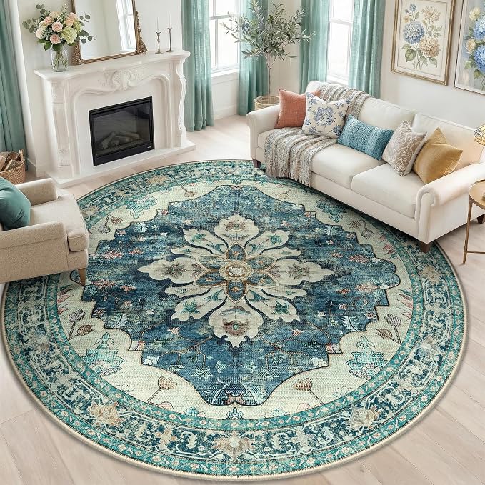 RELEANY Washable Area Rug, Round 8ft, Blue/Vintage Dark Blue | Non-Slip, Water Repellent, Pet Friendly, Easy to Clean, Vintage Floral Boho Decor for Living Room Bedroom Dining Room