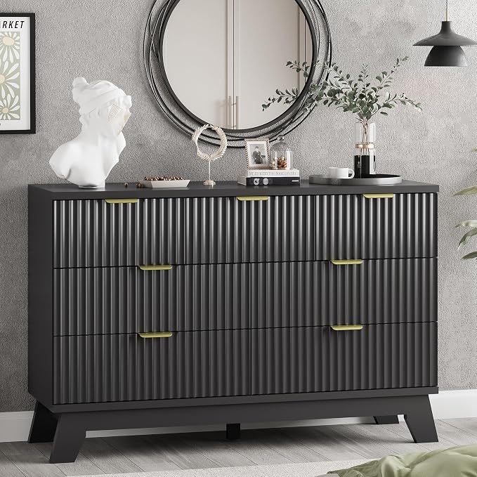 Xixini Fluted Dresser for Bedroom with 7 Drawers, 48" Wide Chest of Drawers with Metal Handle, Modern Wood Dresser TV Stand, Wooden Closet Clothes Storage Organizer for Living Room, Hallway, Black