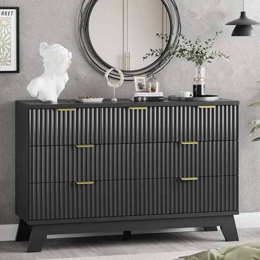 Xixini Fluted Dresser for Bedroom with 7 Drawers, 48" Wide Chest of Drawers with Metal Handle, Modern Wood Dresser TV Stand, Wooden Closet Clothes Storage Organizer for Living Room, Hallway, Black