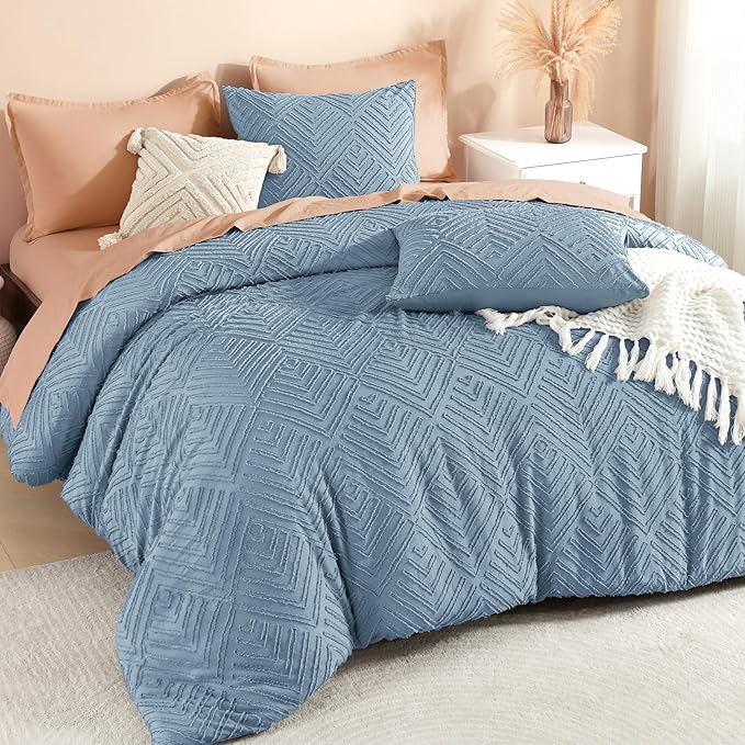 Litanika Super King Plus Comforter Set, 3 Pcs Tufted Boho Bedding Set | Grayish Blue Farmhouse Shabby Chic Vintage Bohemian Textured Aesthetic Soft Fluffy Lightweight Breathable All Season Bed Set
