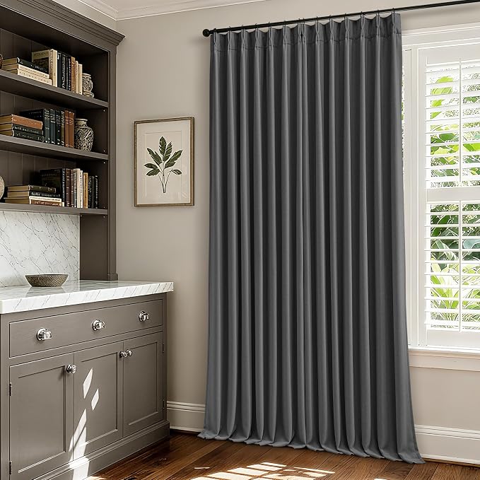 Dark Grey Pleated Thick Linen Blackout Curtains 84 Inches Long with Liner | 100% Black Out, Thermal Insulated, Pinch Pleat with Ring Hooks Back Tab, Room Darkening Drapes for Living Room, Charcoal Gray