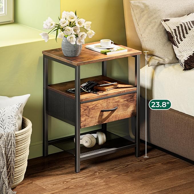 Huuger Night Stand with 2 Drawers, Bed Side Table with Open Shelf | Bedroom Nightstand, Fabric Drawer Dresser, Metal Frame, Couch Side, Living Room, Rustic Brown