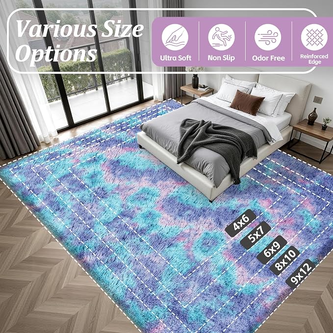 9x12 Area Rug Living Room Bedroom: Fluffy Plush Shag Carpet Rainbow