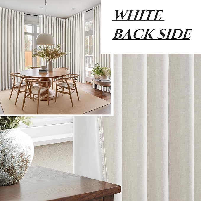 QJmydeco Curtains 100 Inch Length Wide Pleated Blackout Curtain for Sliding Glass Door/Living Room, Farmhouse Birch Linen Thick Boho Bedroom Heavy Insulated Large Window Drapes (100" Wx90 Lx2Panels)