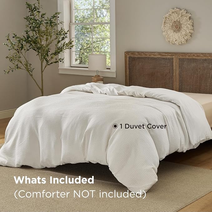 Bedsure Waffle Duvet Cover Queen Size - Only Includes 1 Duvet Cover (90"x90"), Luxury, Soft & Breathable Bedding for All Season, Wrinkle-Resistant Zipper Bedding with 8 Corner Ties, Ivory White