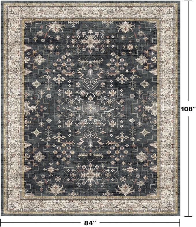 Boho Dining Room Rugs for Under Table - 7x9 Washable Black Area Rug for Living Room, Low Pile Non-Slip Rugs for Bedroom Under Bed - Charming Farmhouse Decor & Stain Resistance - Black/Multi