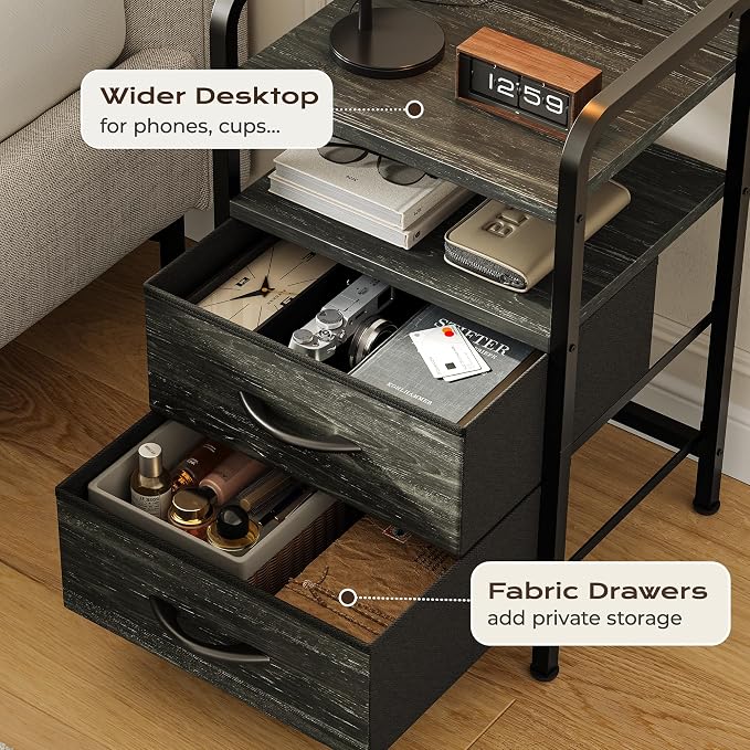 Huuger Nightstands Set of 2, Night Stand with LED Lights, Charging Station | USB-C Ports, 2 Drawers Bedside Table, Open Shelf, 2-Way Power Panel Install, End Table, Charcoal Black Wood Grain Print