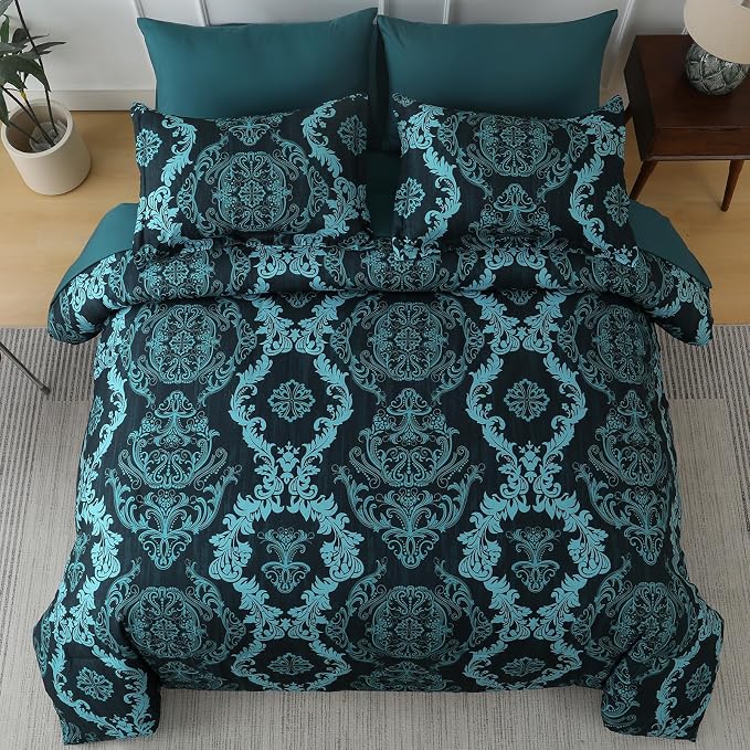 WONGS BEDDING 7 Piece King Comforter Set, Teal Texture Breathable Microfiber Comforter Bedding Set for All Season, Damask Bed in a Bag with Comforter, Flat Sheet, Fitted Sheet, Pillowcases & Shams