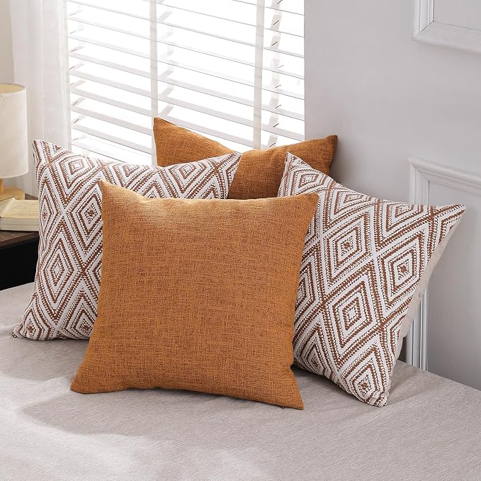 HPUK Throw Pillow Covers 18x18, Set of 4, Golden Brown Couch Pillow Covers | Polyester fabric, patterned and solid designs, hidden zippers, machine washable, for sofas and beds, inserts not included