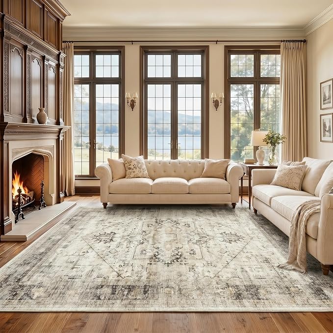 AMADA HOMEFURNISHING Washable Area Rug, Low-Profile Large Area Rug with Non-Slip Backing & Durable Edge Binding, Vintage Large Rugs for Living Room, Bedroom, Dinning Room, 9x12, Grey/Beige