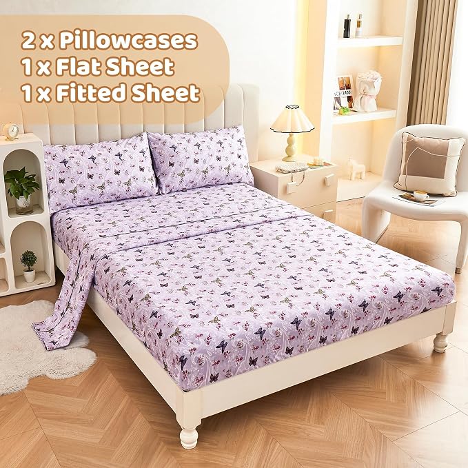 Paisley Floral Bed Sheets Queen Set, Purple Flower Printed Sheets for Queen Size Bed, Microfiber Fitted Sheet with 15" Deep Pocket and Corner Straps, Butterfly Patterned Sheet & Pillowcase Sets