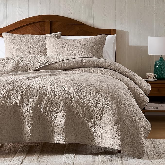WDCOZY Dark Beige 100% Cotton Quilt Queen Size Bedding Sets with 2 Pillow Shams, Floral Rosette Lightweight Bedspread Soft Farmhouse Patterned Coverlet Quilted Comforter Bed Cover All Season, 3 Pieces