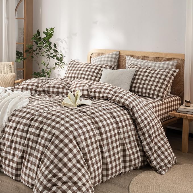 BESTOUCH Gingham Cotton Duvet Cover Set Cocoa Brown King | Washed Cotton, Linen Feel, Soft Wrinkle Texture, Hidden Zipper, 8 Ties, Breathable Lightweight Durable Comfy, 3 Pcs No Insert