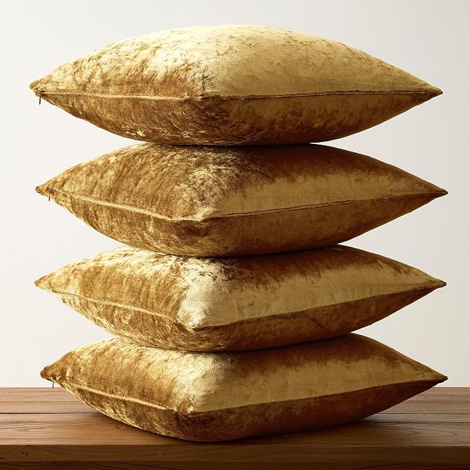 GIGIZAZA Pack of 4 Gold Decorative Velvet Pillow Covers 20x20 | Throw Pillows for Couch Sofa,300gsm Soft Thick Fabric,Modern Accent Pillowcases,Luxury Living Room Cushion Covers