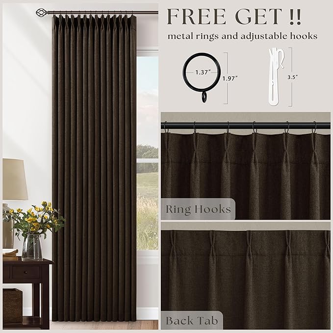 Dark Brown Pleated Double Layer Thick Linen Curtains 90 Inches Long | for Bedroom Living Room, Memory Trained, Pinch Pleat, 100% Blackout, Thermal Noise Blocking, Rustic Windows Drapes 2 Panels