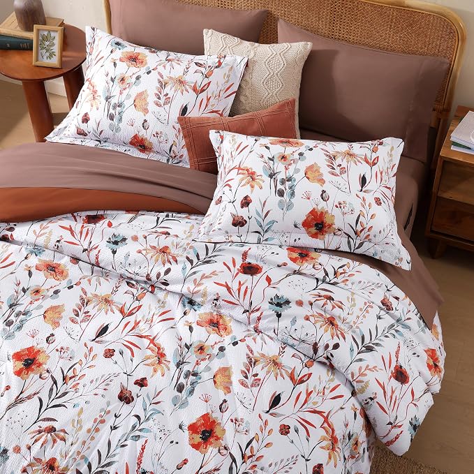 Queen Comforter Set - 7 Pieces Soft Floral Bed in a Bag Queen Bedding Sets | Terracotta Botanical Texture Flowers Comforter Set with Sheets, Pillowcases & Shams for All Seasons