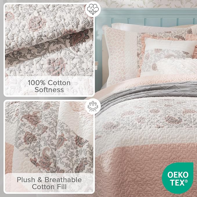 Madison Park 100% Cotton Quilt Set Floral Print, Double Sided Stitching, All Season, Lightweight Coverlet Shabby Chic Bedding Layer, Matching Shams, King/Cal King, Blush 6 Piece | Double-Sided Stitching Floral Design, All Season, with Shams, Bed Skirt,...