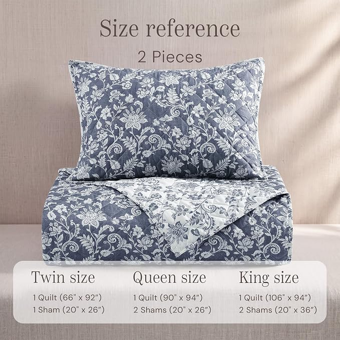 Twin/Twin XL Quilt Set-2 Pieces Soft Bedding Floral Reversible Coverlet | All Seasons Lightweight Quilts Queen Size for Bed, Breathable Vintage Bedspread with Sham, Oxford Blue