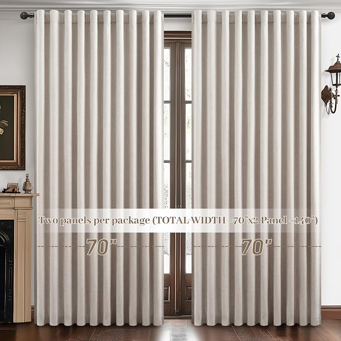 QJmydeco Curtains 70 Inch Length Wide Pleated Blackout Curtain for Sliding Glass Door/Living Room, Farmhouse Natural Linen Thick Boho Bedroom Heavy Insulated Large Window Drapes (70" Wx90 Lx2Panels)