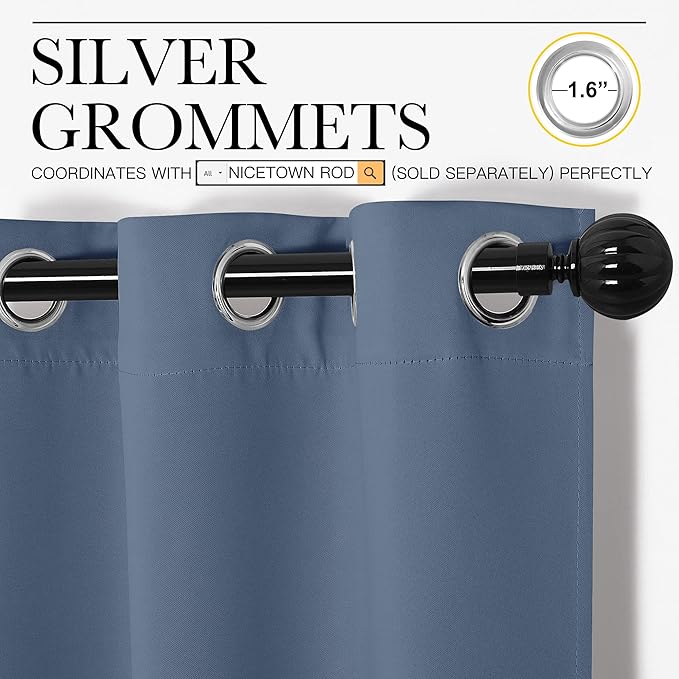 NICETOWN Living Room Blackout Curtains, 1 Pair, 42 x 90-inch, Stone Blue | 90 inches Long, Thermal Insulated Noise Reducing Curtains for Unicorn Theme Kids Room