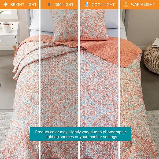 Comfort Spaces Gloria Boho Twin XL Quilt Set 2 Piece for Summer Coral | Reversible Coverlet Bedspread, Soft All Season, Medallion Pattern, Winter Layer with Shams Modern Lightweight, Cozy Comfort