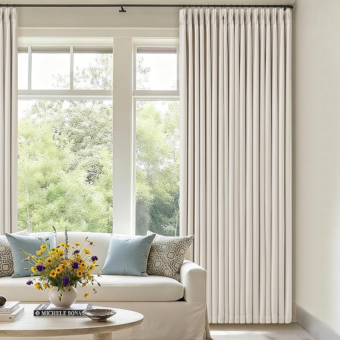 100 Inch Blackout Linen Curtains Pinch Pleated Back Tab Dual Layer W40xL100 | Thermal Insulated, Room Darkening 100% Black Out Curtains, for Sliding Glass Door Bedroom Living Room Window, 2 Panels