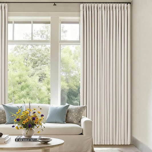 TWODRAPES Ivory Cream Linen Blackout Curtains 112 Inches Long for Bedroom | Neutral Boho, Pinch Pleated, 100% Black Out Room Darkening, Sound Dampening, Window Drapes Double Layer Natural W40xL112