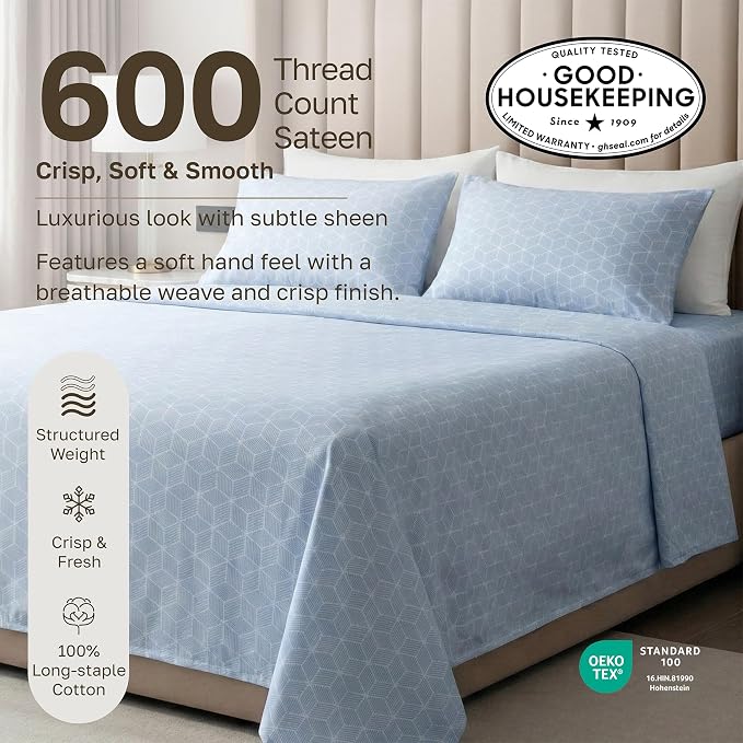 California Design Den 600 Thread Count King Size Sheets Deep Pocket Set | 100% Cotton Sateen Backed by Good Housekeeping Seal, Soft & Smooth, 16" Deep Pocket, All-Around Elastic - Print - Geo Urban