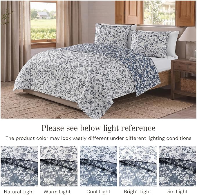 King Quilt Set-3 Pieces Soft Bedding Floral Reversible Coverlet | All Seasons Lightweight Quilts Queen Size for Bed, Breathable Vintage Bedspread with Shams, Oxford Blue
