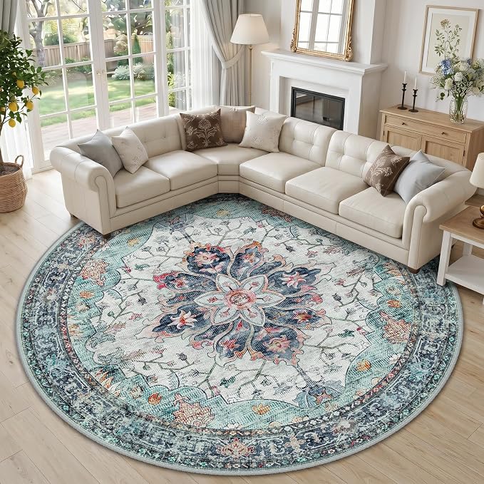 RELEANY Washable Area Rug, Round 10ft, Teal Green/White/Navy | Non-Slip, Water Repellent, Pet Friendly, Easy to Clean, Vintage Floral Boho Decor for Living Room Bedroom Dining Room