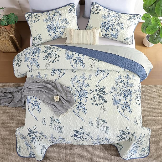 WONGS BEDDING Floral Quilt Set Queen,3 Pcs Blue Bedspreads Coverlets Set | Spring Summer Floral Farmhouse Bedspread with 2 Shams,Soft Microfiber Lightweight Coverlet for All Season 96"×90"