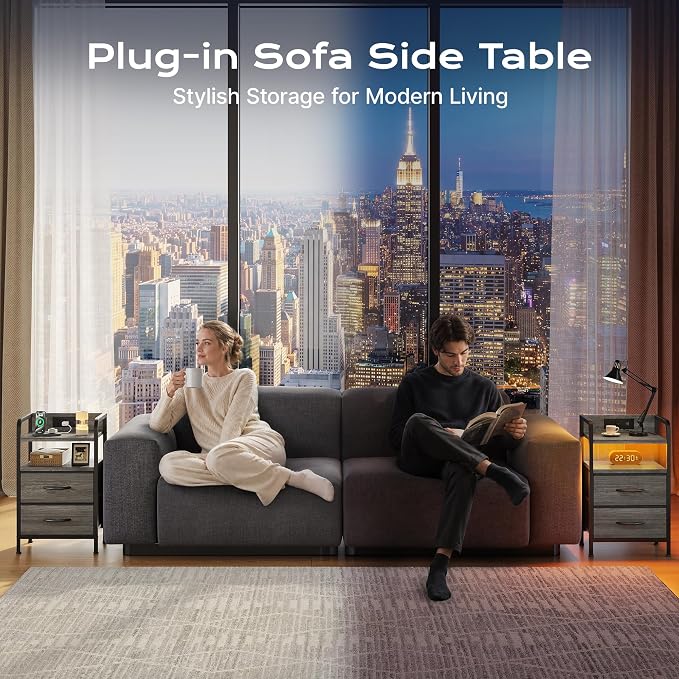 Huuger Nightstands Set of 2, Night Stand with LED Lights, Charging Station | USB-C Ports, 2 Drawers Bedside Table, Open Shelf, 2-Way Power Panel Install, End Table for Bedroom, Grey