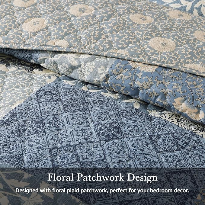 Twin Quilt Set-2 Pieces Soft Twin Bedspread Floral Patchwork Quilt | Lightweight Blue Quilt, Reversible Vintage Floral Bedding Set, All Seasons Bed Coverlet with 1 Pillow Sham, 66"x92"