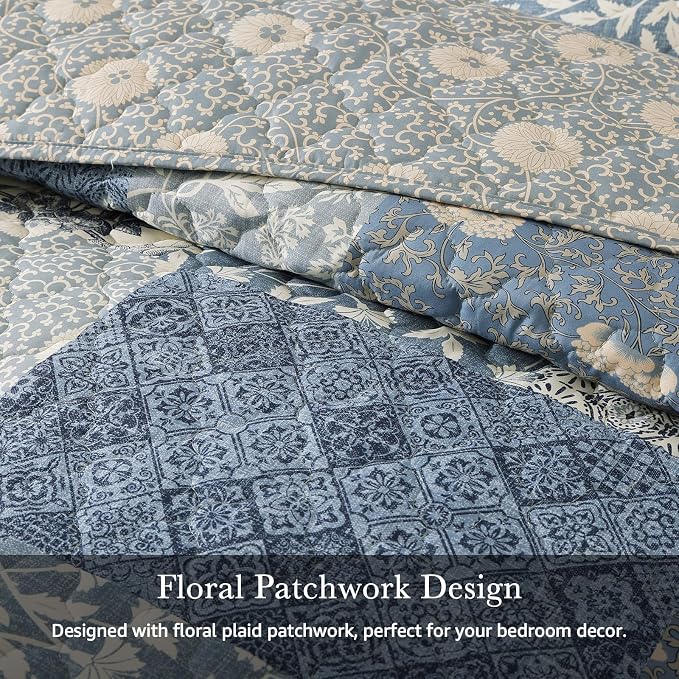 Quilts Queen Size-3 Pieces Soft Queen Bedspread Floral Patchwork Quilt | Lightweight Blue Quilt, Reversible Vintage Floral Bedding Set, All Seasons Bed Coverlet with 2 Pillow Shams, 90"x94"