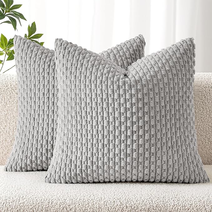 MIULEE Decorative Throw Pillow Covers 18x18 Light Grey Textured Corduroy | Pack of 2 Striped Pillow Covers Modern Farmhouse Home Decor for Couch Bed Sofa Living Room