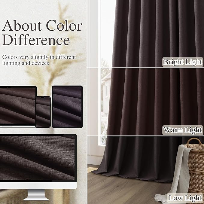 100% Blackout Curtains 84 Inch Length 2 Panels Set for Living Room Bedroom Back Tab Thermal Insulated Black Out Linen Drapes Room Darkening Cocoa Coffee,52x84