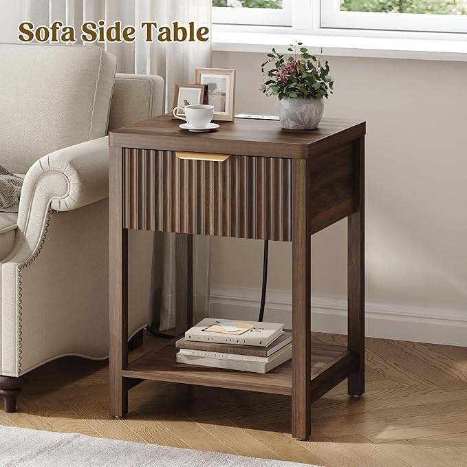 Night Stand Set 2, Fluted Wood Nightstands w/Charging Station for Bedroom | Walnut, Storage Drawer, Open Shelf, Metal Silent Rails, Round Corners, Modern Fluted Panel, Living Room, Bedside Table