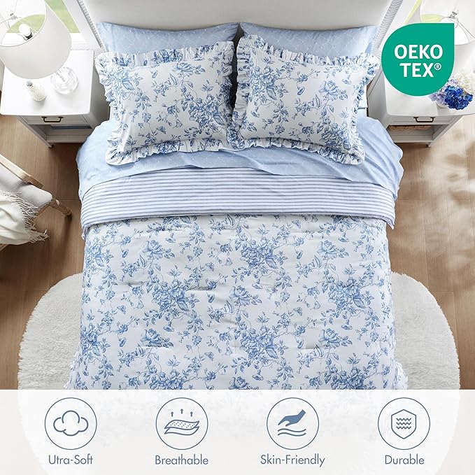 Madison Park Essentials Blue Floral Comforter Set with Sheets Queen,7pc | Vintage, Ruffle Bed in a Bag, Reversible, Elegant Bedding Set, All Season, Machine Washable, Wrinkle Resistant, Ultra Soft