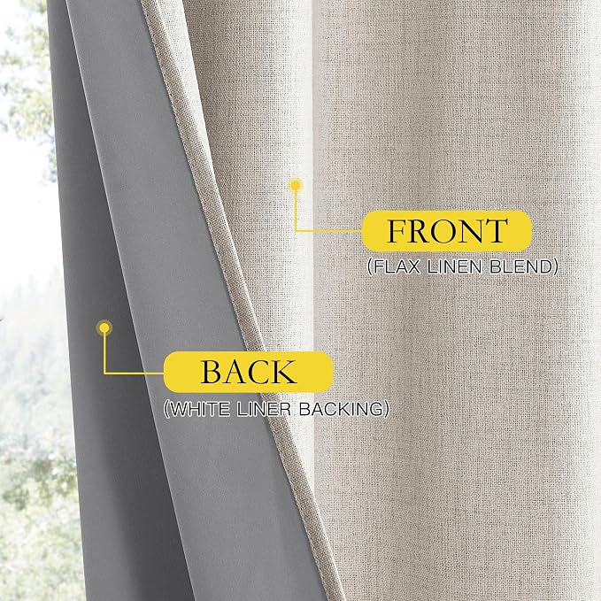 NICETOWN Brich Vintage Open Linen Weave Flax Thermal Curtains, 100% Blackout Curtains 108" Long for Dining Room, Soundproof Window Treatment Drapes for Hall Room, 52" Wide Per Panel, Set of 2