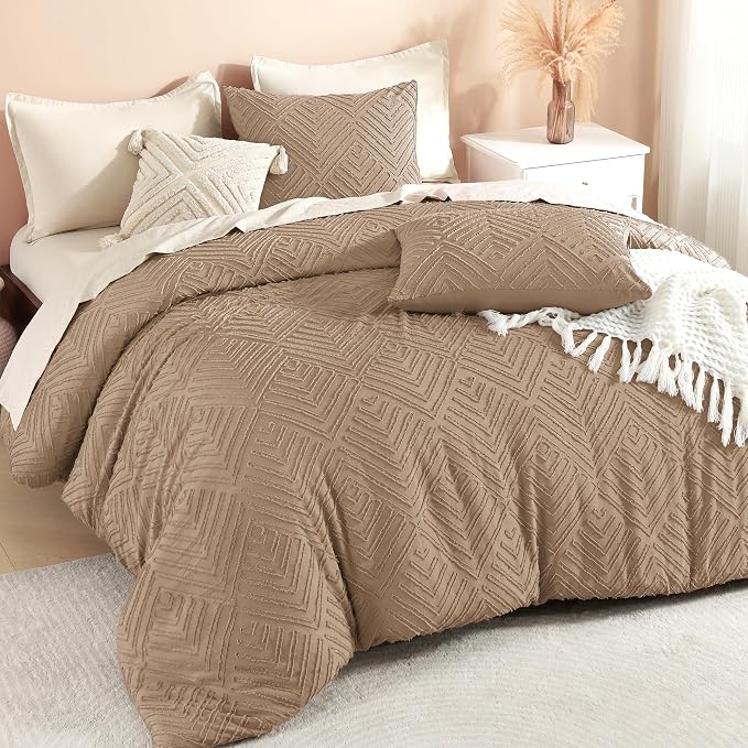 Litanika Super King Size Comforter Set, 3 Pcs Taupe Tufted Boho Bedding Set | Farmhouse Shabby Chic Vintage Bohemian Textured Aesthetic Soft Fluffy Lightweight Breathable All Season Bed Set