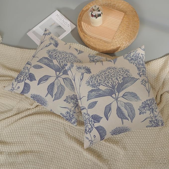 Vintage Blue Pillow Covers 24x24 Inch 2 Pcs Boho Floral Decor Throw Pillows Hydrangea Flower Seasonal Outdoor Farmhouse Neutral Accent Decoration Pillowcase Linen Cushion Cover for Couch