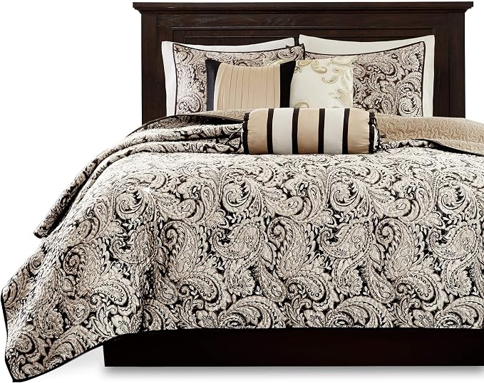 Madison Park Traditional Damask Jacquard Paisley Black King Quilt Set, 6pc | Lightweight Coverlet Bedspread Bedding Set, All Season, Machine Washable, Easy Care, Cozy, Breathable, Soft