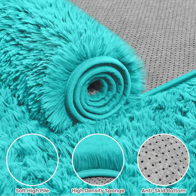 4x6 Fluffy Shag Area Rugs for Living Room Bedroom: Soft Carpet Teal Blue | Upgraded Non-Slip Thick Memory Foam, Ultra Soft, Non-Shedding Fuzzy Carpet, Easy Clean Decor for Kids Room, Nursery, Playroom