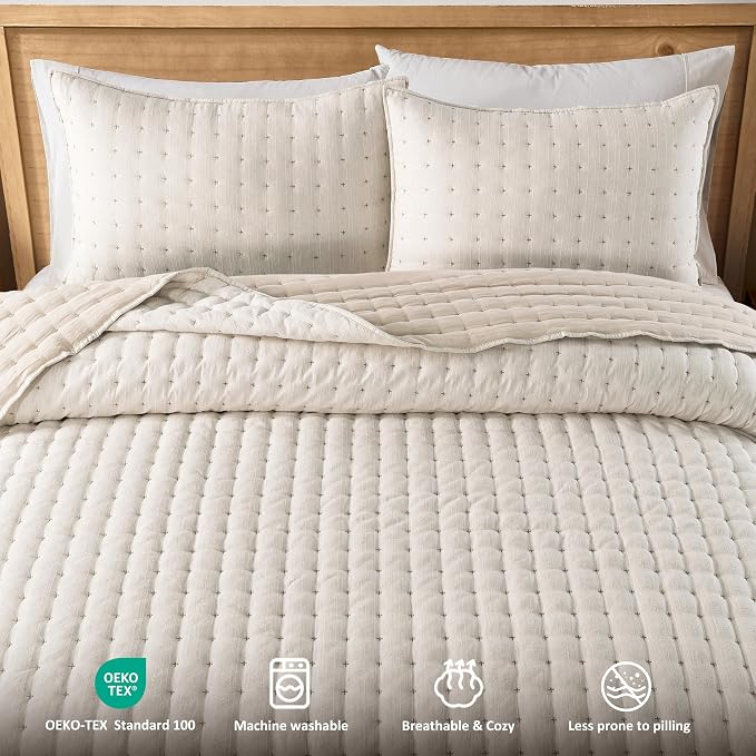 WDCOZY Beige Cloud Quilt Set King Size, Lightweight Soft Cross Stitch Bedspread, Textured Like Linen, Farmhouse Rustic Country Coverlet, Spring Summer Thin Comforter, 3 Pieces, 104x90 inches
