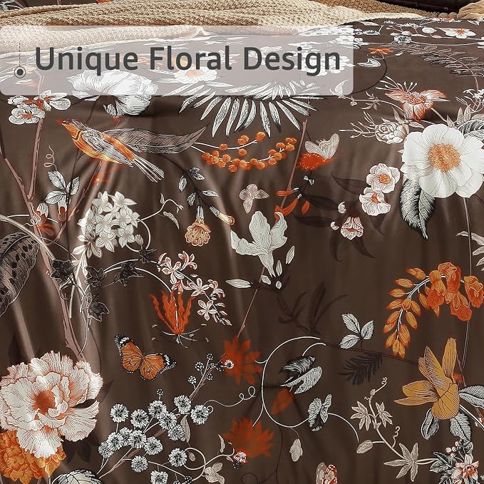 Full Size Comforter Sets - 7 Pieces Floral Bed in a Bag Full Bedding Set | Brown Botanical Flowers Comforter Set with Sheets, Pillowcases & Shams for All Seasons