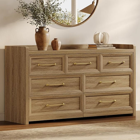 SICOTAS Dresser for Bedroom with 7 Drawers, 56.5" Wide Large Modern Dresser | Chest of Drawers for Living Room, Closet Clothes Storage Organizer Smooth Sliding Drawers, Brown Oak