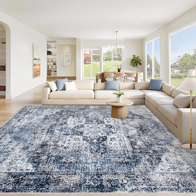 Area Rug 9x12 Washable Rug, Vintage Boho Medallion Rugs Non-Slip Soft Low Pile Large Distressed Rug Indoor Retro Carpet for Living Room Bedroom Dining Room Home Office (Blue, 9'x12')