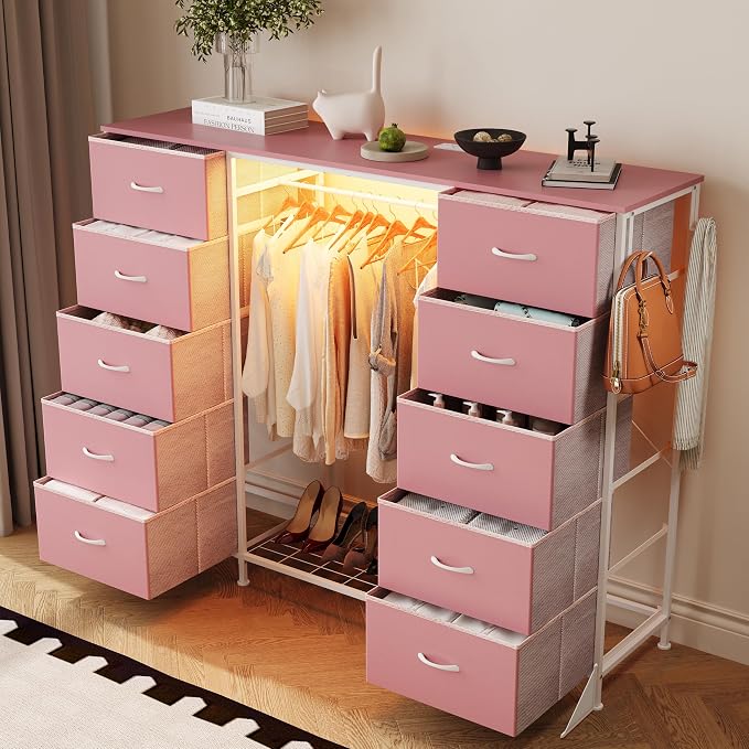 LUMTOK 55"W Dresser with Hanging Rack,10 Fabric drawers & Hooks for Bedroom | Pink 10 Drawers Dresser with LED Lights, Charging Station,chest of drawers with wooden top for clothing storage organization